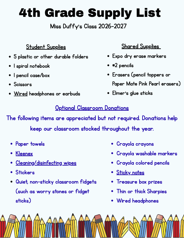 4th Grade Supply List - Mrs. Duffy